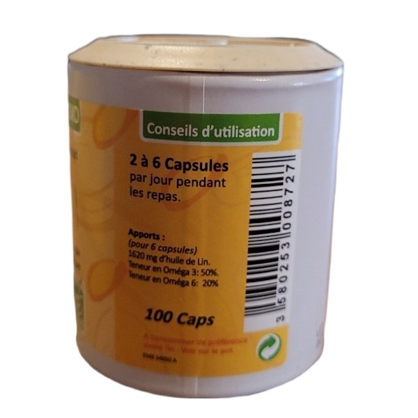 Capsule huile de lin alimentaire bio. Boîte de 100 capsules.